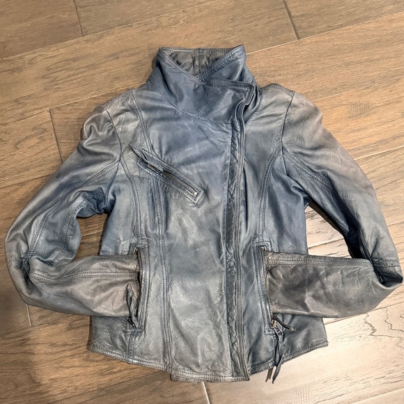 Danier Blue-Grey Genuine Leather Moto Jacket 2XS Asymmetric Zip, High Collar - Picture 3 of 16